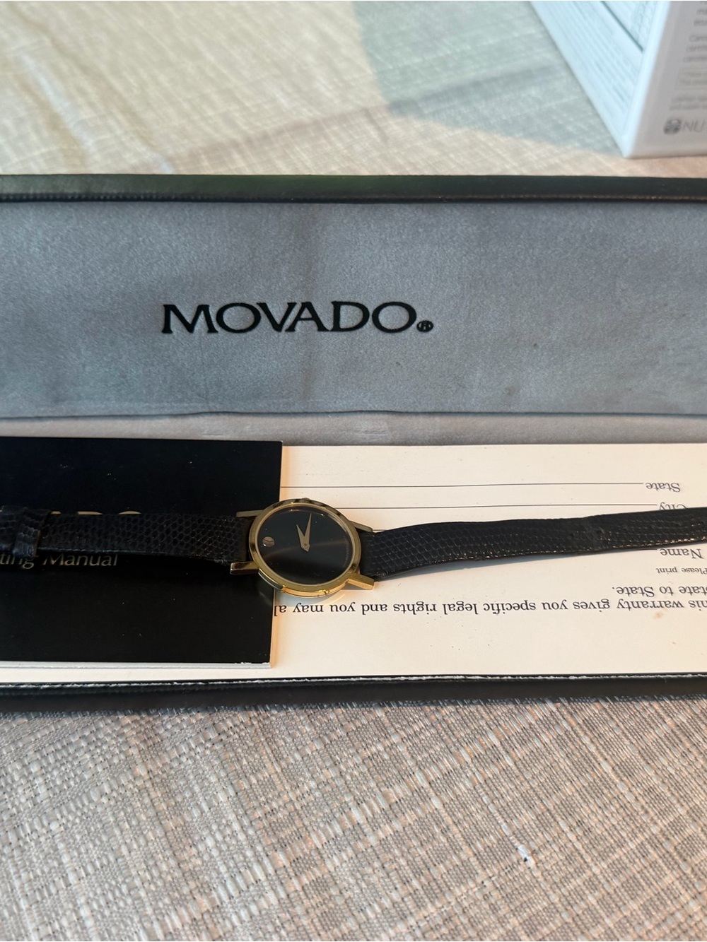Movado women Black Dial Gold-Tone Case Leather Strap Watch